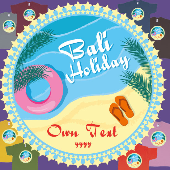 Custom tshirt design Bali Holiday Own Custom Tee Text Beach Sandals Palm Leafs Custom Print choice your own printing text made in Bali