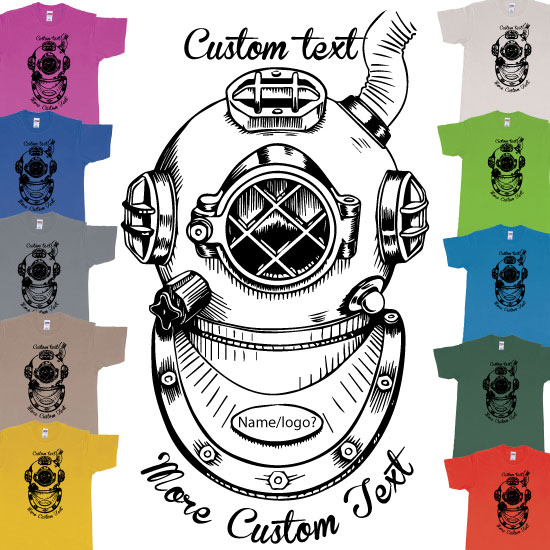 Custom tshirt design Old School Diving Helmet Custom Tee   DTG Printing Bali choice your own printing text made in Bali