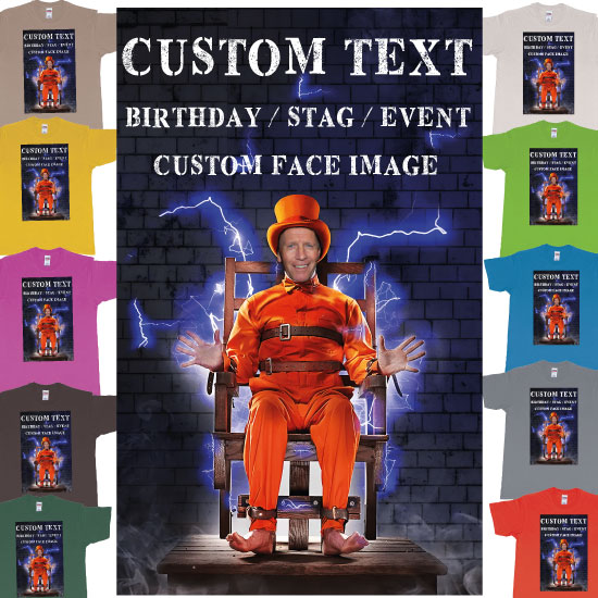Custom tshirt design Stevo Guilty as Charged Custom Face Image Electric Chair Tshirt Bali choice your own printing text made in Bali