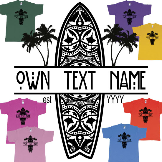 Custom tshirt design Surfboard Beach Kuta Own Custom Text Logo Bali Palmtrees choice your own printing text made in Bali
