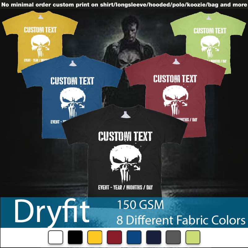The Punisher Scull Logo Custom Text Dryfit Tshirts Samples On Demand Printing Bali