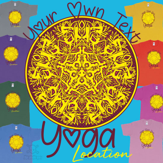 Custom tshirt design Yoga Mandala with people doing different yoga poses asanas own custom text printing choice your own printing text made in Bali